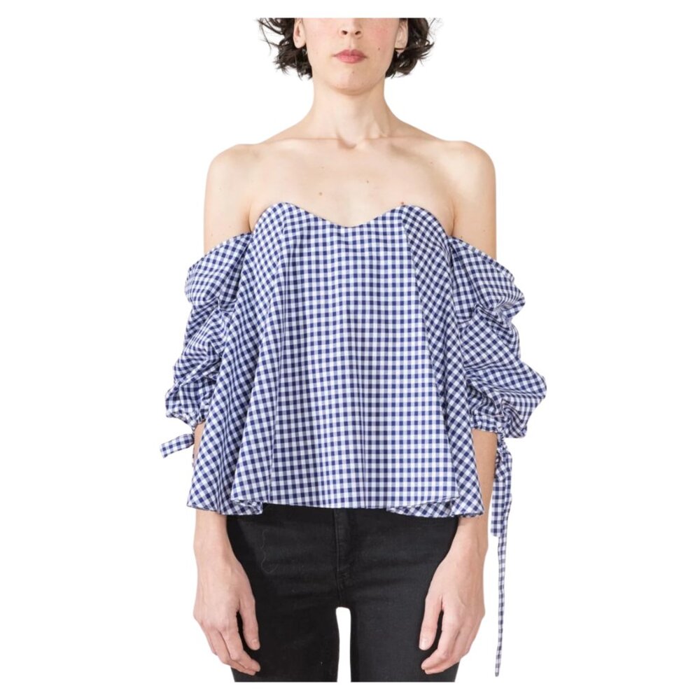 Caroline Constas Navy and White Gingham Off-Shoulder Top
